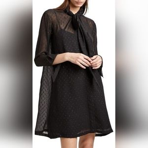 Theory Black Long-Sleeve Tie-Neck Shift Dress EUC